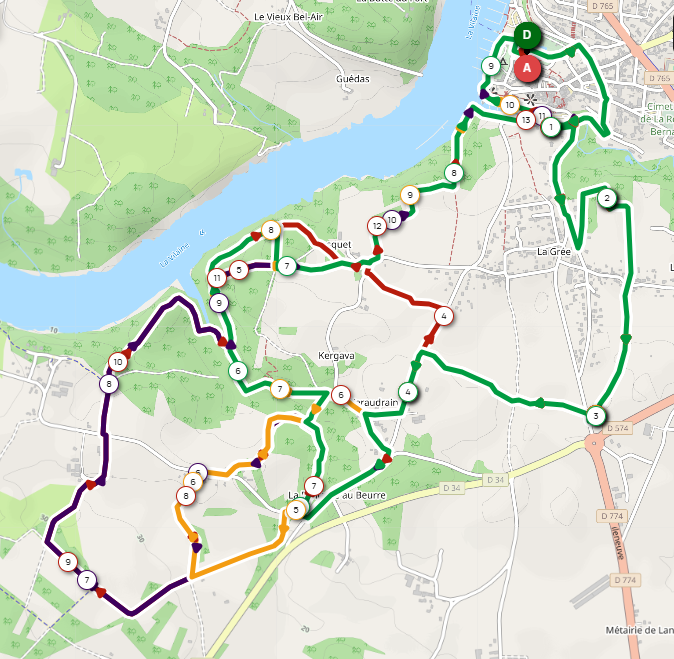 LA ROCHE-BERNARD Le Pâtis, La Grée Blanche, La Châtaignière, Lisherbignac L 13.76 - 11.69 - 10.53 - 9.29 Km circuit marche nordique la roche bernard
